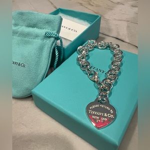 NEW: Return to Tiffany Pink Splash Heart Tag Bracelet, Sterling Silver, Medium